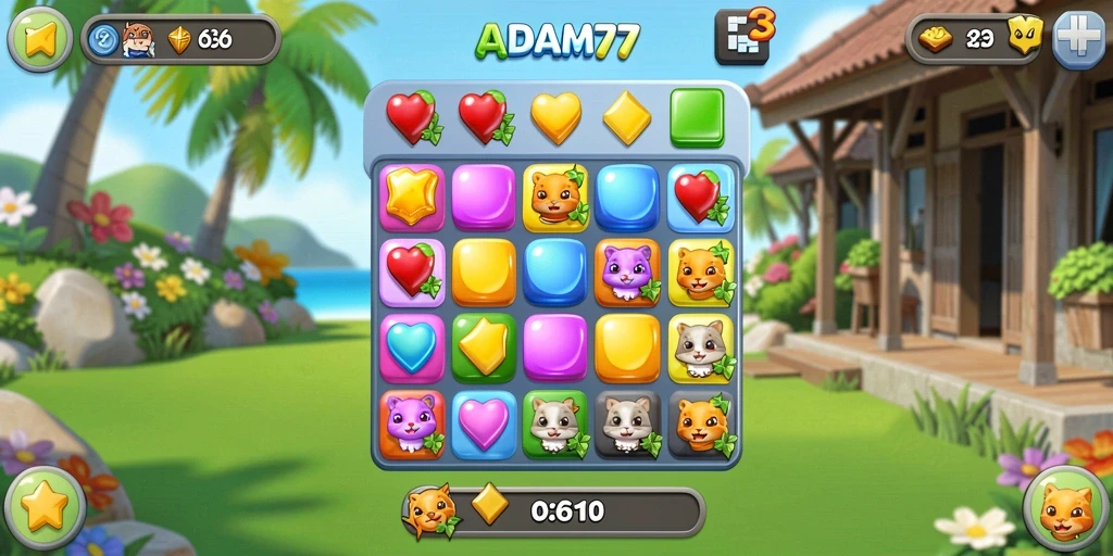 Screenshot gameplay ADAM77 menunjukkan momen mencocokkan permata.