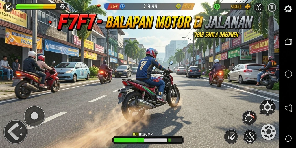 Gameplay F7F7 dengan balapan motor yang mendebarkan.