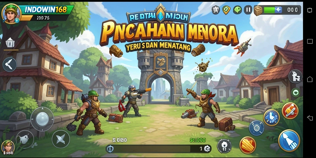 Screenshot gameplay INDOWIN168 memperlihatkan aksi menara pertahanan yang seru.