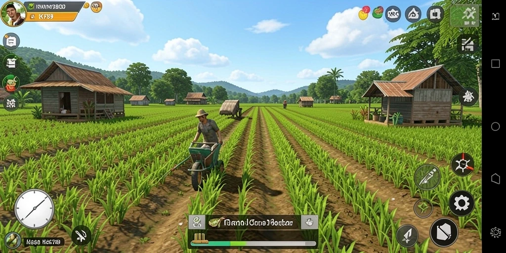Tampilan gameplay KM789 dengan kebun yang penuh warna.