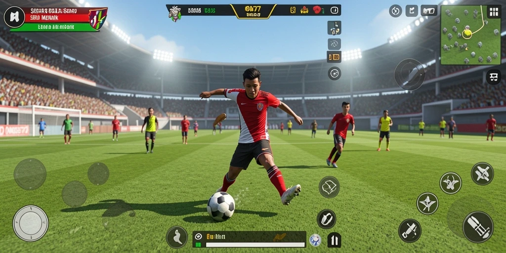 Screenshot gameplay MONAS77 yang mendebarkan dengan aksi sepak bola nyata.