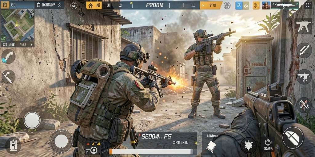 Screenshot gameplay P200M menampilkan aksi tembak-menembak yang intens.