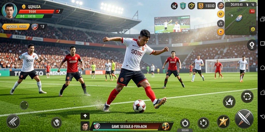Screenshot gameplay <strong>QQNUSA</strong> di lapangan sepak bola dengan aksi seru.