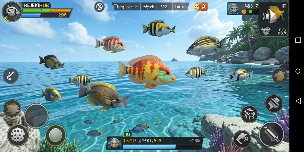 Tangkapan layar gameplay REJEKIHUB menampilkan aksi menembak ikan yang seru.