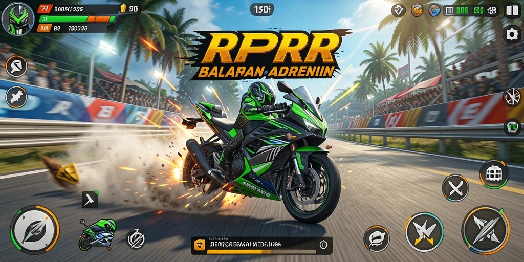 Gameplay RPRR menampilkan aksi balapan motor yang mendebarkan.
